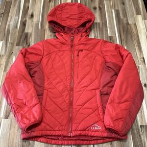 LL Bean Puffer Jacket Womens Extra Small Red Full Zip Hooded Outdoor Primaloft